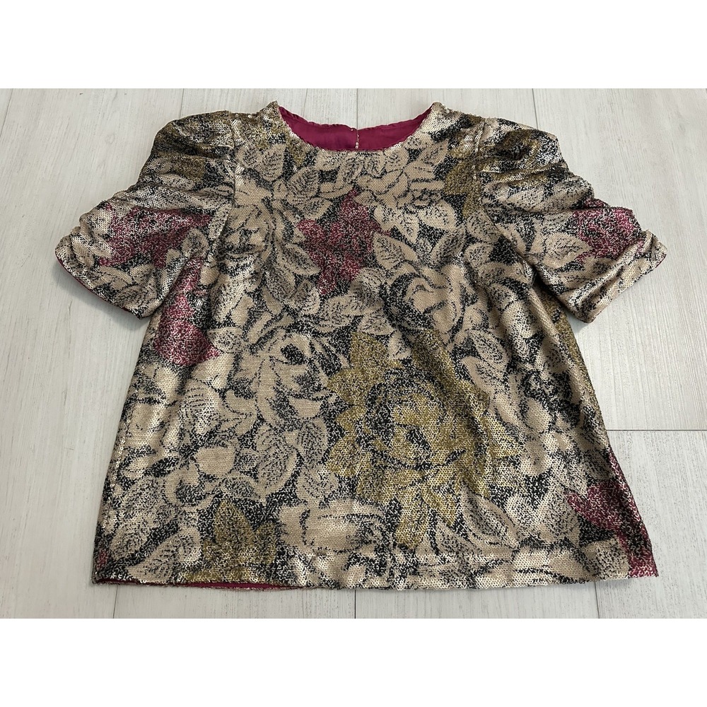 Anthropologie‎ MARIE Floral Sequined Puff Ruched Sleeve Top Sz 2 EUC